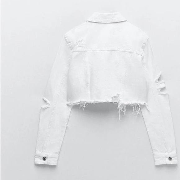 Zara Denim Jacket Womens Cropped White Raw Hem - Picture 7 of 11